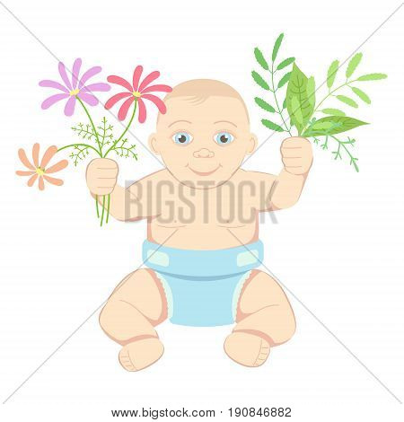A baby in diapers sits and holds bouquets of herbs and flowers in her hands