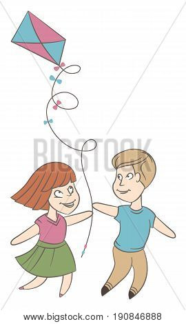 Joyful boy and girl together launch a kite