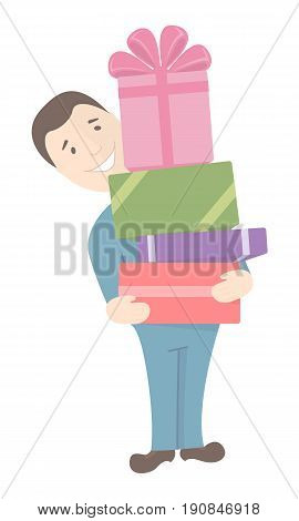 Smiling man holding a stack of boxes with gifts
