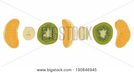 Bright detailed pieces of banana, orange, kiwi, laid out in a line
