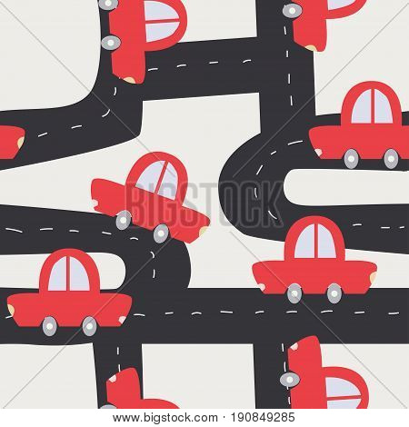 Funny red car on the road. Kids seamless pattern. Vector hand drawn illustration.