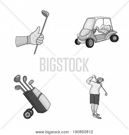 A gloved hand with a stick, a golf cart, a trolley bag with sticks in a bag, a man hammering with a stick. Golf Club set collection icons in monochrome style vector symbol stock illustration web.
