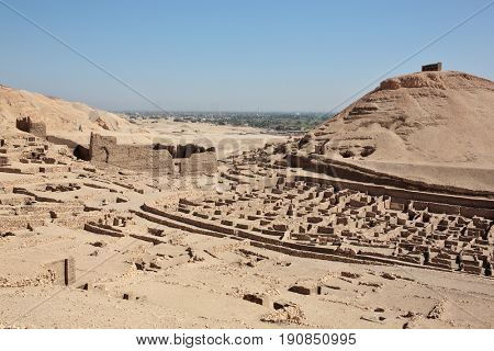 Ruined homes and tombs of the Ancient Egyptian town of Deir el Medina, Luxor, Egypt