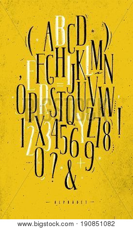 Alphabet set gothic font in vintage style drawing with black and white lines on dirty yellow background