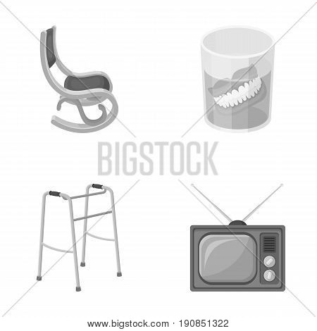 Denture, rocking chair, walker, old TV.Old age set collection icons in monochrome style vector symbol stock illustration .