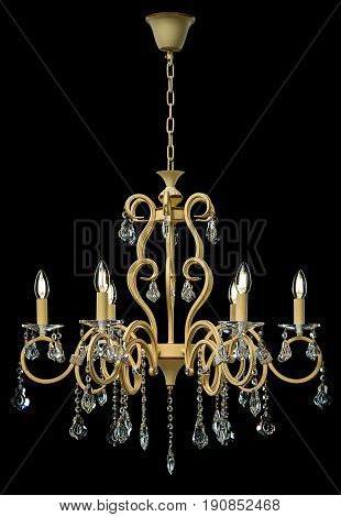 Large crystal chandelier isolated on black background. Luxury royal expensive chandelier for living room, Hall of celebration.