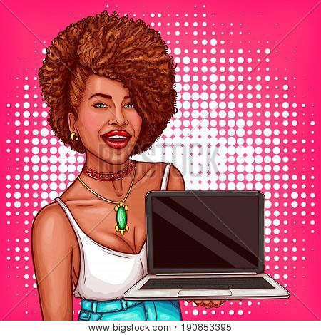 Vector pop art illustration of a black woman holds an open laptop in her hands. Pop art advertising poster with a beautiful black woman for promoting a new laptop model