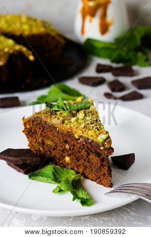 Chocolate Cake With Pistachios And Salted Caramel