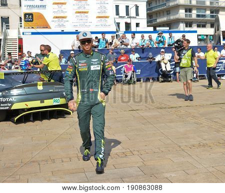 LE MANS, FRANCE - JUNE 11, 2017: Famous Danish racer Nicki Thiim World champion in a uniform of pilot Aston Martin Racing