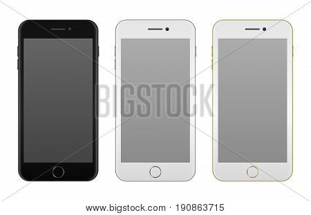 Realistic smartphone icon set - black, solver and golden - isolated on white background. Vector design template, EPS10 illustration mockup.