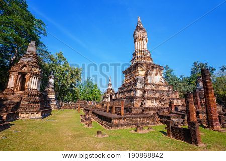 Sukhothai, Thailand - January 17 2017: Wat Chedi Jet Thaew In The Precinct Of Si Satchanalai Histori