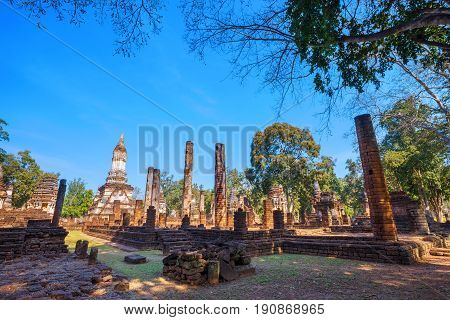 Sukhothai, Thailand - January 17 2017: Wat Chedi Jet Thaew In The Precinct Of Si Satchanalai Histori
