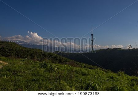 Kok Tobe hill and mountains view in spring Almaty Kazakhstan.