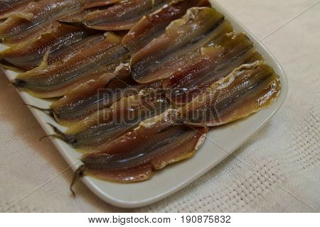 Wizened marinated anchovy fish in ceramic plate on white tablecloth background