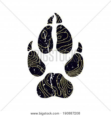 Super fashion design logo. The modern trend fictional topo map design and a trace from a wolf. Silhouette of foot with contour map. Abstract topographic icon. Yellow and black color. Mapping logotype.