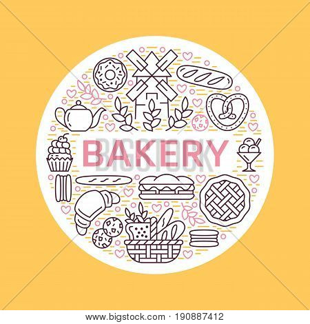 Bakery, bread house poster template. Vector food line icons, illustration of sweets, pretzel croissant, muffin, pastry, cupcake pie, mill. Confectionery products banner with place for text.