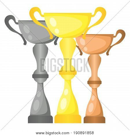 Set of vector trophy champion cups in gold silver and bronze. Championship prizes for first second and third place. Victory symbols isolated on white background.