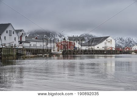 Typical Norwegian Harbour Seascape View at Toppoya and Hamnoy Islands of Lofoten.Horizontal Image Orientation