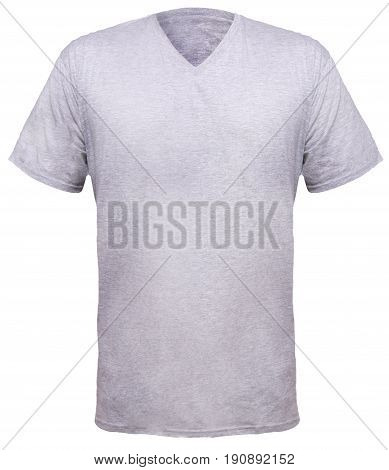 Misty Grey t-shirt mock up front view isolated. Plain gray shirt mockup. V-Neck shirt design template. Blank tees for print