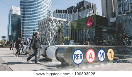 Man Enters The Rer Station In The Business District Of Defense, In Paris