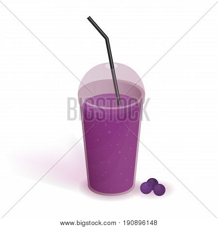 Drink in transparent plastic cup with lid and straw. Smoothie with bilberry. Beverage, realistic vector illustration on white background