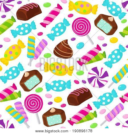 Lollipop caramel candy seamless vector pattern. Assorted sweets endless background. Pattern with dessert candy snack illustration