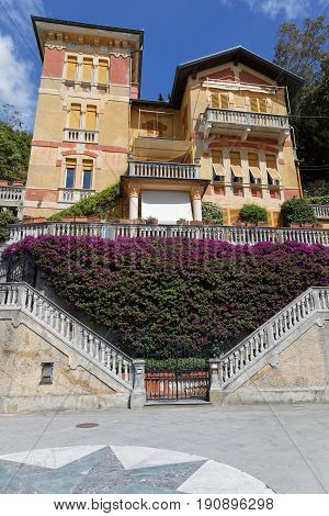 LEVANTO Italy June 4 2017 : House on the beach of Levanto. Levanto in the Italian region Liguria lies on the coast at the end of a valley thickly wooded with olive and pine trees and a part of its territory is included in the Cinque Terre National Park.