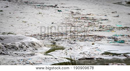 Trash and plastic waste on sandy beach Atlantic ocean. Environmental pollution in nature.