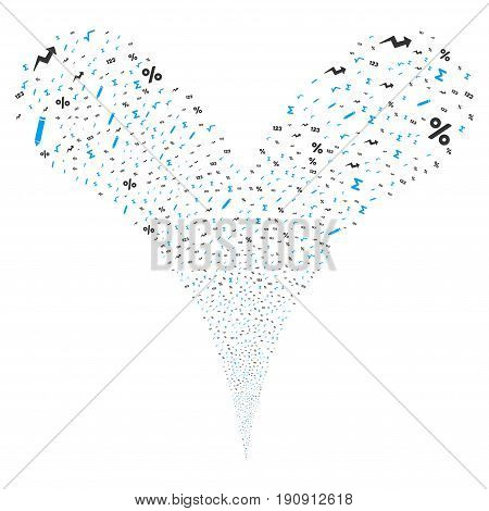 Math Symbols source stream. Vector illustration style is flat blue and gray iconic math symbols symbols on a white background. Object fountain created from random icons.