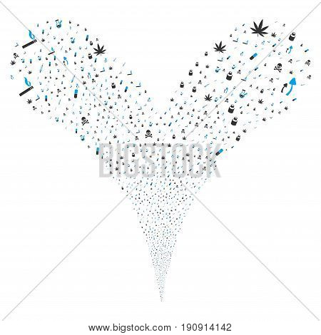 Narcotic Drugs fireworks stream. Vector illustration style is flat blue and gray iconic narcotic drugs symbols on a white background. Object fountain constructed from random pictographs.