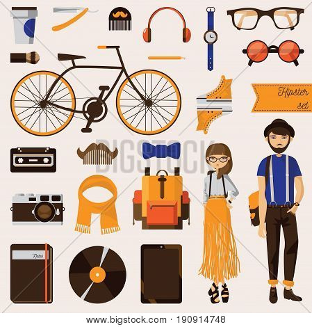 Couple of hipster young girl and beard man with lots of trendy accessories like bike vinyl record notebook clothes and eyeglasses. Hand drawn vector collection with set of different objects.