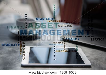 Asset management words cloud. Business technology concept.