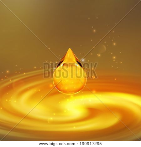 Transparent golden oil droplet. Vector illustration. Falling oil or honey drop with sparkles and whirlpool background. Collagen serum droplet. Design element for cosmetics, beauty and spa ads