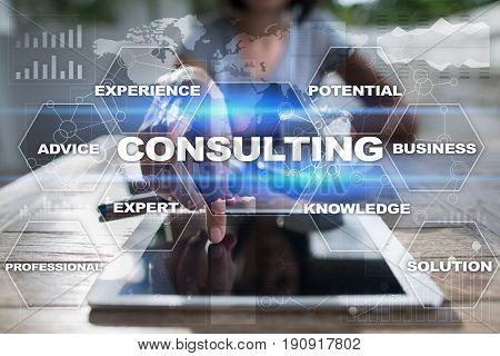 Consulting business concept. Text and icons on virtual screen.