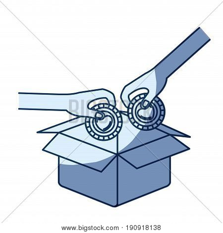 blue color silhouette shading of side view of pair hands holding a coins with heart shape inside to deposit in cardboard box vector illustration