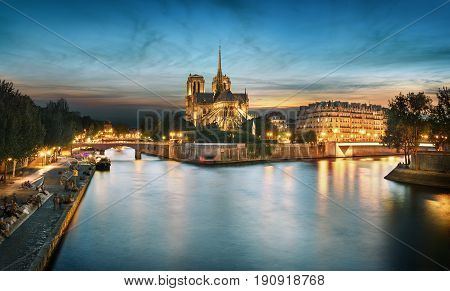 Ile de la Cite and Notre Dame at sunset Paris France