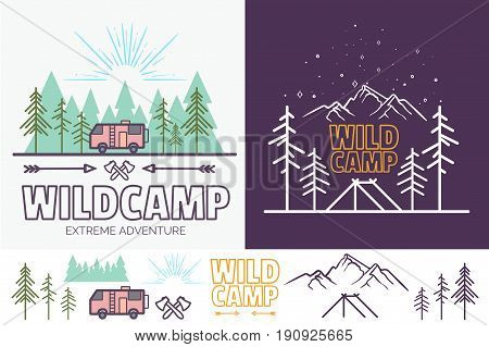 Forest camp linear illustration with tent, mountains, trees, cloud, sun. Camping travel tourism creative graphic concept for your design, .Vintage monochrome and color style. isolated.