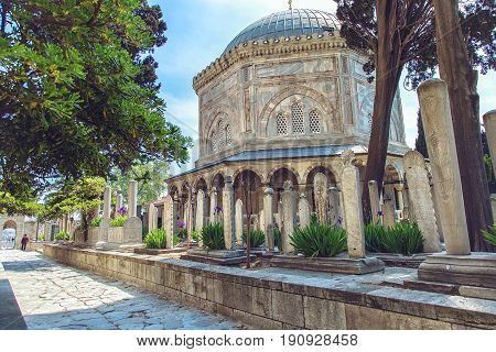 Suleymaniye Mosque Cemetery with tomb of the legendary turkish sultan Suleyman in Istanbul Turkey