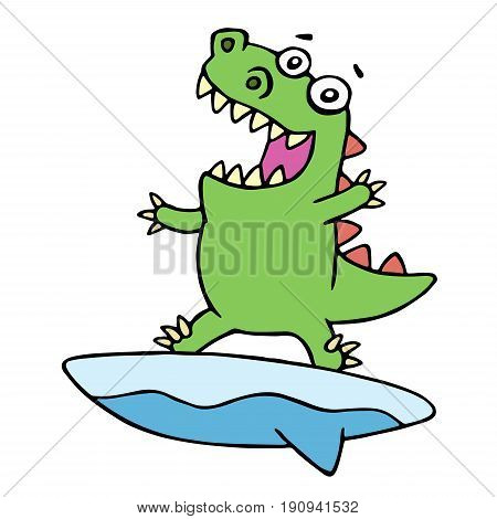 Cute dragon surfer on surfboard caught a wave. Vector illustration. Cheerful imaginary animal character.