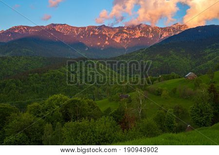 Majestic View With Sunset Light On The Snowy Bucegi Mount Peaks Carpathians Mountains Range Romania.
