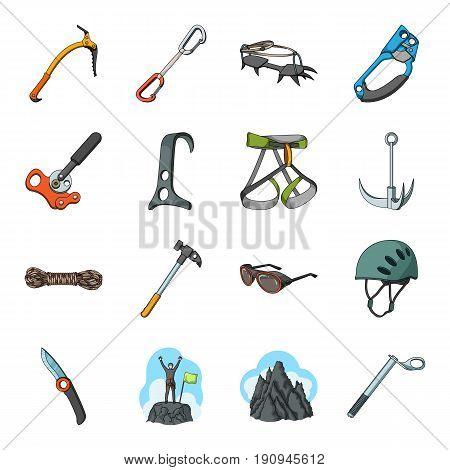 Ice ax, conquered top, mountains in the clouds and other equipment for mountaineering.Mountaineering set collection icons in cartoon style vector symbol stock illustration .