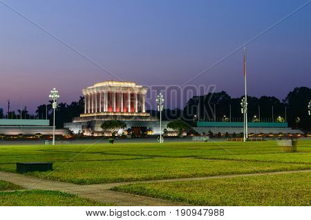 beautiful night view of Ho Chi Min mausoleum in Hanoi city