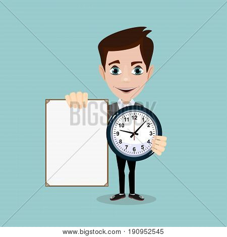 Man holding a poster and a clock. Stock vector illustration for poster, greeting card, website, ad, business presentation, advertisement design.