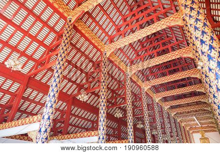 Interior of Thai style building with Thai art. Have the wooden structure is a component.