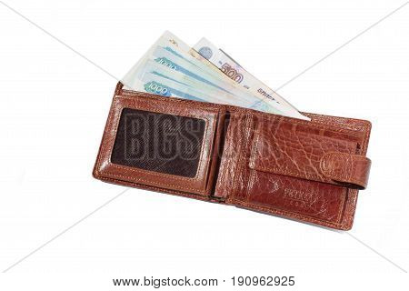 Open brown leather wallet isolated on white background