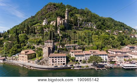 Aerial landscape of Lugano Lake near Morcote