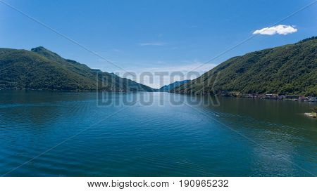 Aerial landscape of Lugano Lake near Morcote