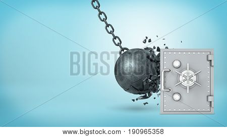 3d rendering of a large wrecking ball hitting a silver old-fashioned safe box and crashing itself in many pieces. Safety and insurance. Best money protection. Reliable bank.
