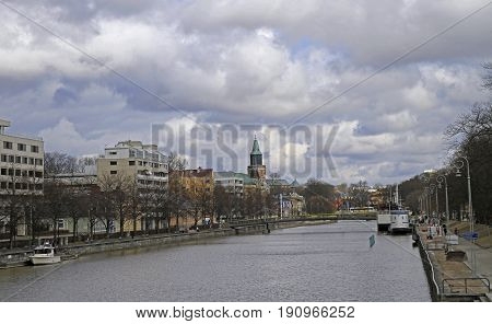 River Aura In Center Of Finnish City Turku, Finland