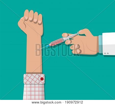 Doctor hand with syringe making vaccination of patient. Healthcare, hospital and medical diagnostics. Vector illustration in flat style